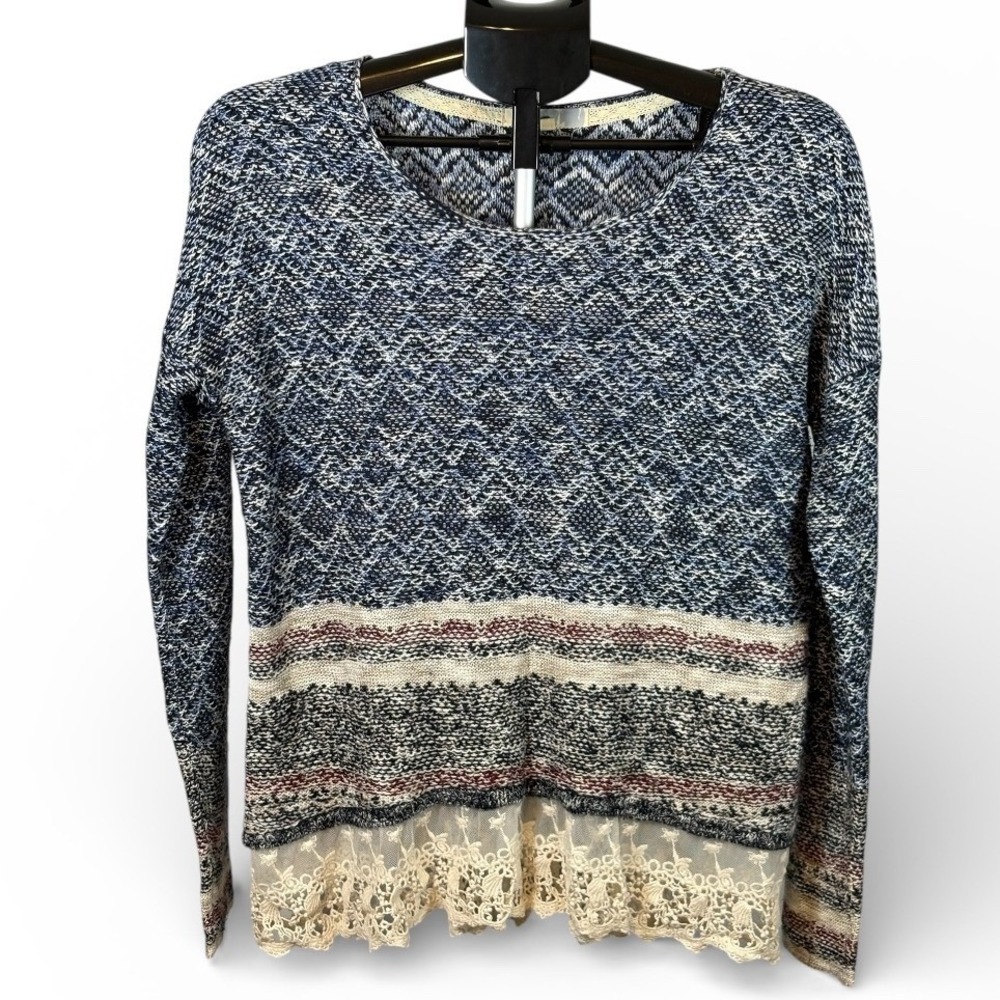 Jolt Womens Blue Diamond Knit Lace Trim Sweater JS11521R91 Medium